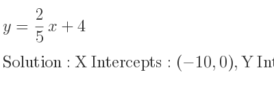 The y= 2/5 x+4 is X Intercepts: (-10,0),Y Intercepts: (0,4)